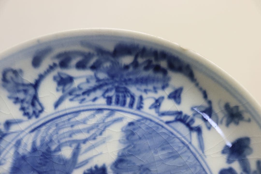 中国　明時代　染付鳳紋小皿2点　古染　芙蓉手　木箱付　送料込み0516