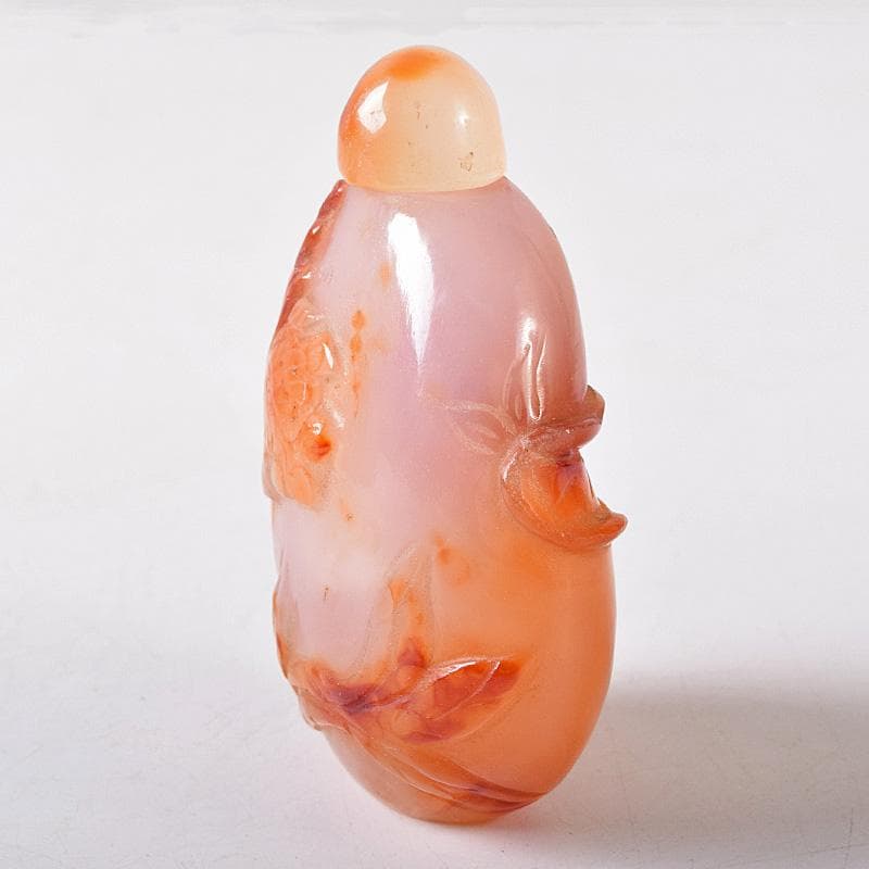 中国　玉石瑪瑙石彫刻　蓮葉金魚刻　鼻煙壷　小壷　時代箱付　M　R8754