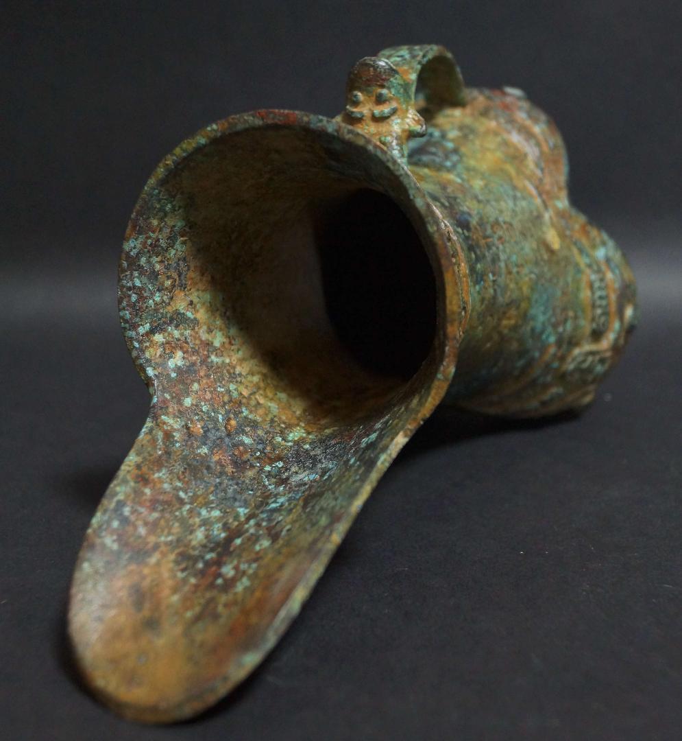 時代青銅製 金工細工 三足 銘文付 爵酒器置物 獣面耳壺 オブジェ 古美術