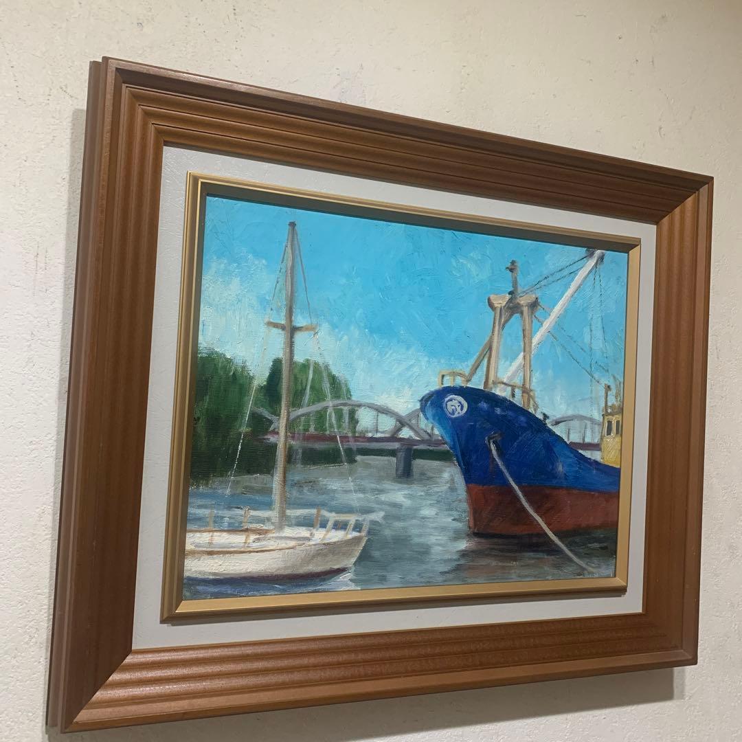 絵画　油彩肉筆画『港風景画』F6