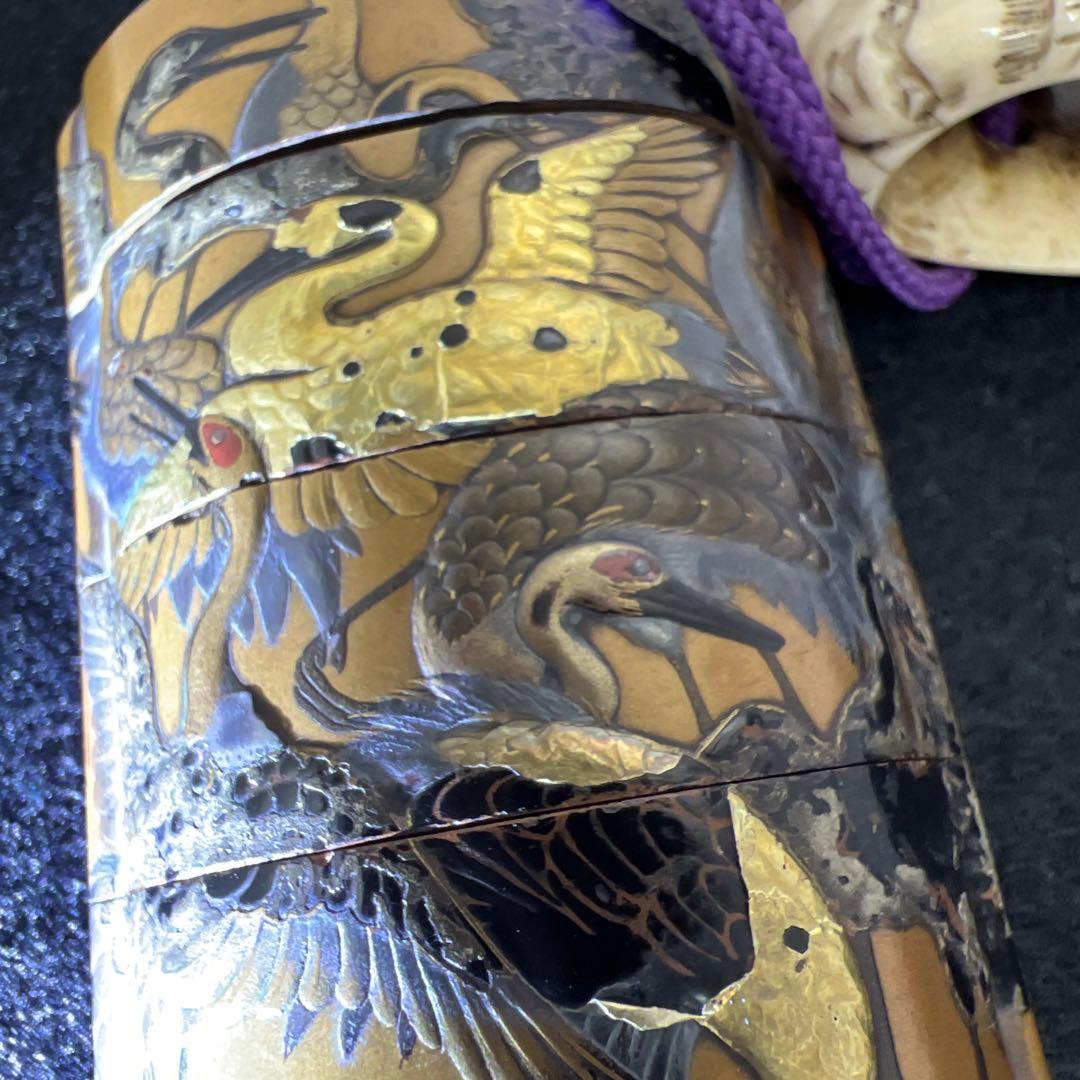 江戸時代　鶴蒔絵印籠、根付　70g 東Y8-0122☆2Fトコカ