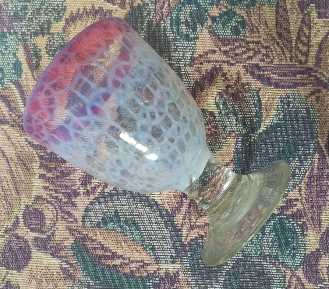 大正時代 乳白赤縁 輪つなぎ文様 なつめ型 太脚 氷コップ