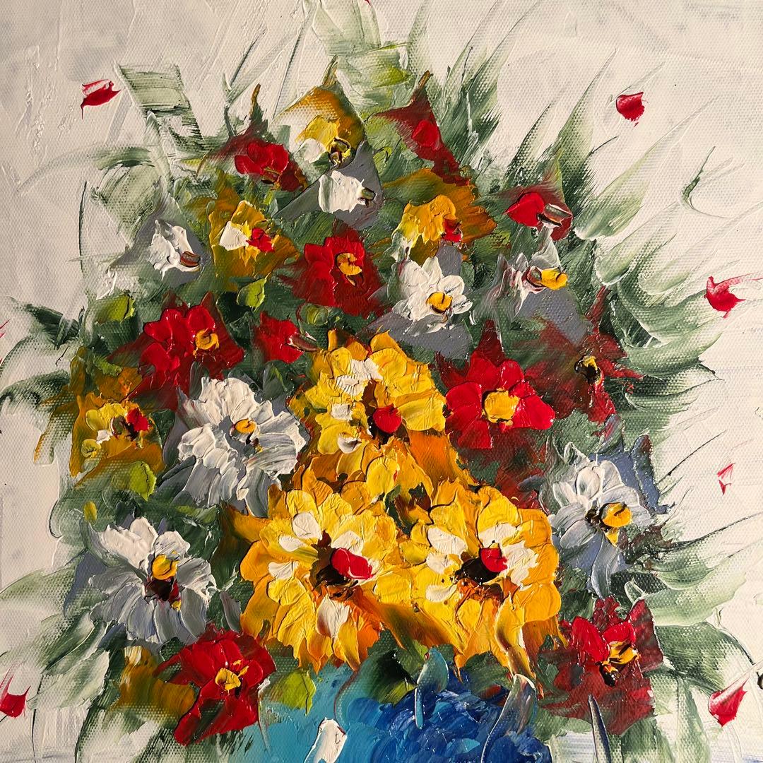 手書き油絵 花瓶の花 額付 絵画 インテリア 油彩画