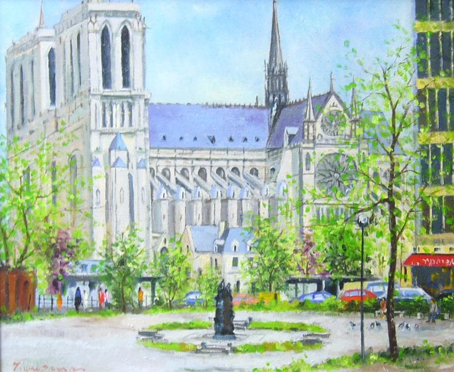 絵画 梅沢民雄 肉筆油絵 風景画 ノートルダム大聖堂