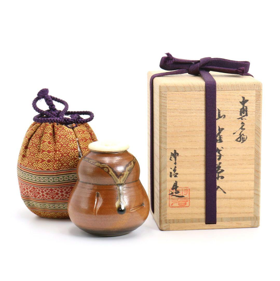 渡辺伸治作 中興名物 山雀写茶入 薩摩間道織留仕覆 茶道具 共箱　V912　N9