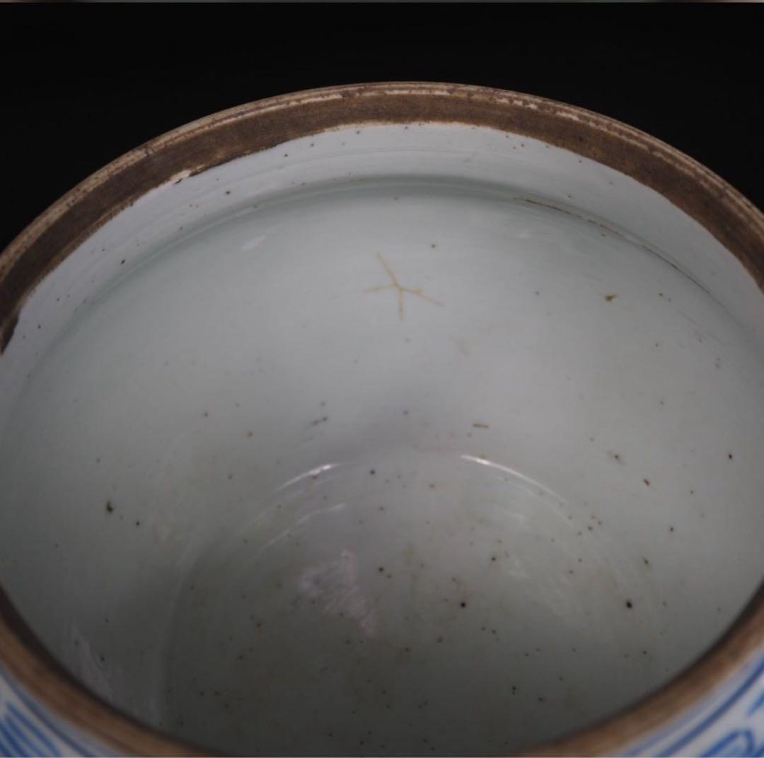 送料無料　清時代嘉慶道光青花罐/水指　本物保証　『喜』無し　耳あり　希少造形