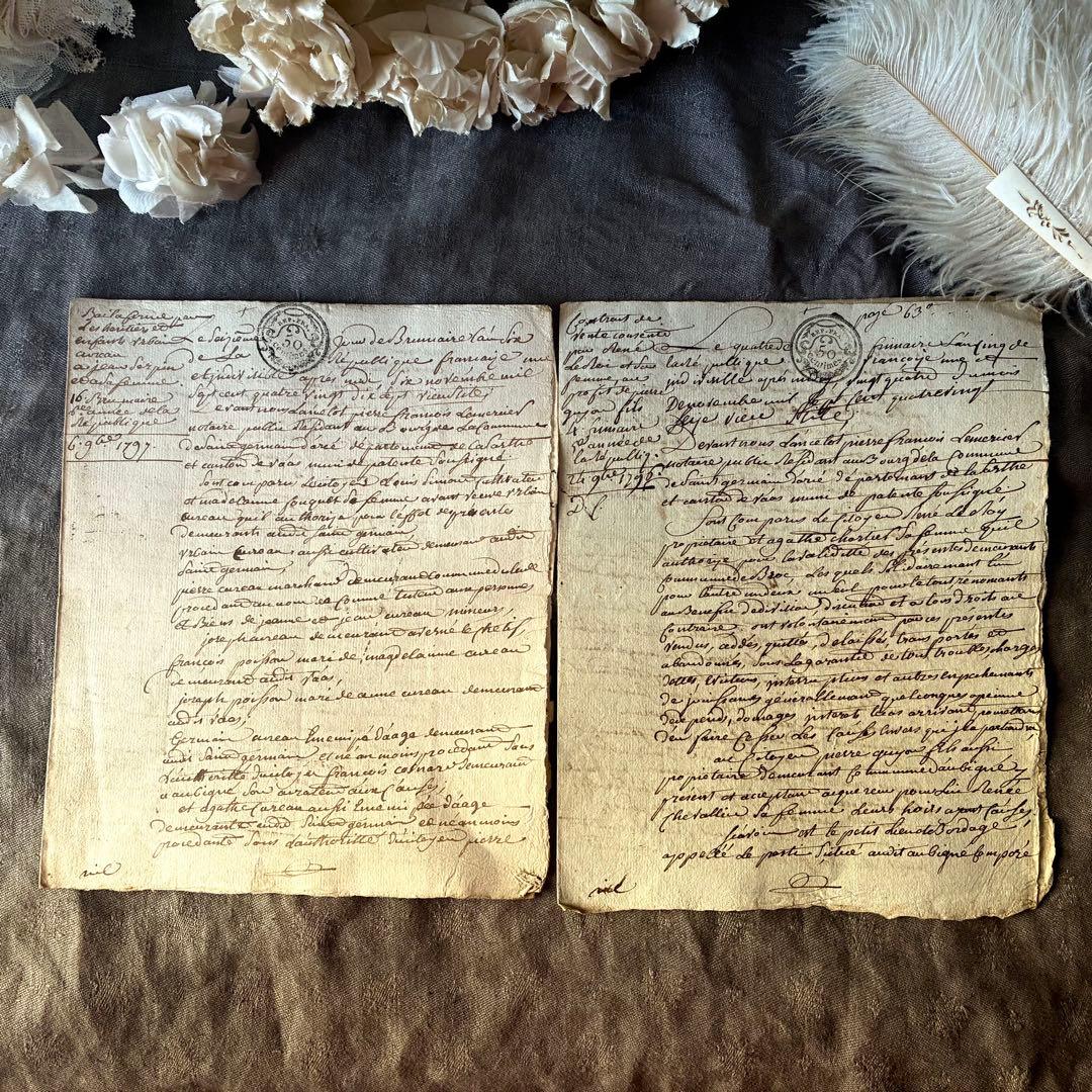 フランス革命時のマニュスクリ2枚セット　18世紀古文書紙物　フランスアンティーク