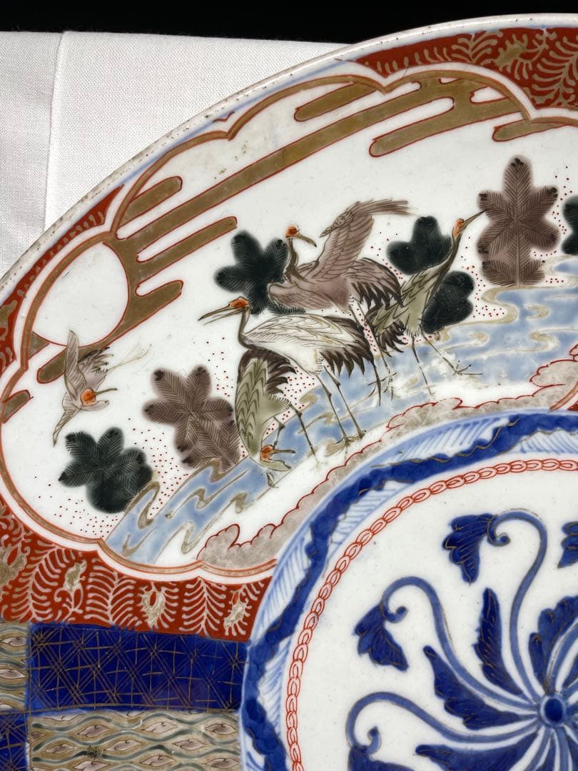 古伊万里。大皿。金彩。松鶴文。茶道具。飾皿。明治時代。古美術。骨董品。蔵出し。