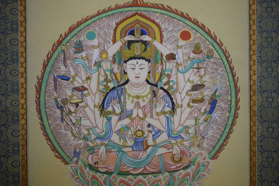 真作/奥田流雲/九門妥亭守護観音像図/千手観音像図/布袋屋掛軸HE-933