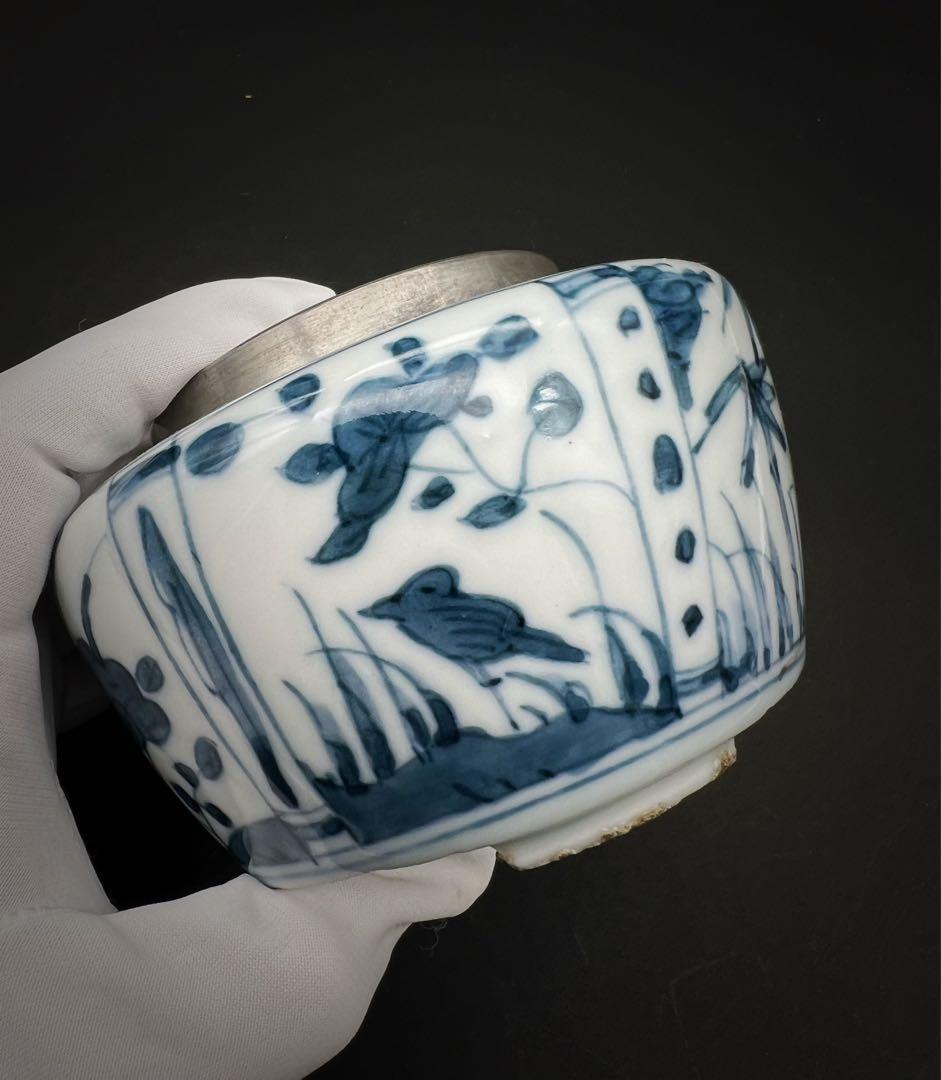 中国美術 古玩 青華染付 花鳥蝶々茶入 茶葉罐　煎茶道具 木箱付き