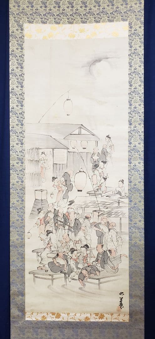 【河原夕涼み図】奥村石蘭 703 京都鴨川 四条納涼　掛け軸　肉筆