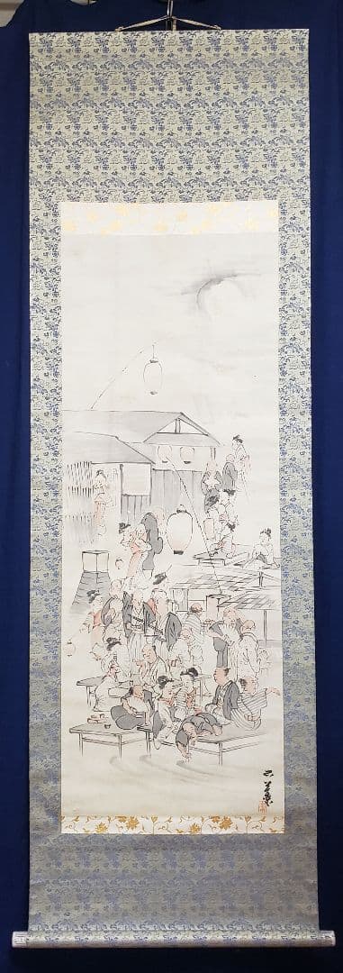 【河原夕涼み図】奥村石蘭 703 京都鴨川 四条納涼　掛け軸　肉筆