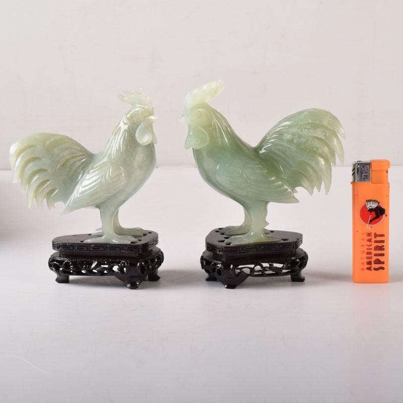 中国　玉石彫刻　鶏　鳥　一対　置物　香炉　唐木台付　C　7651C