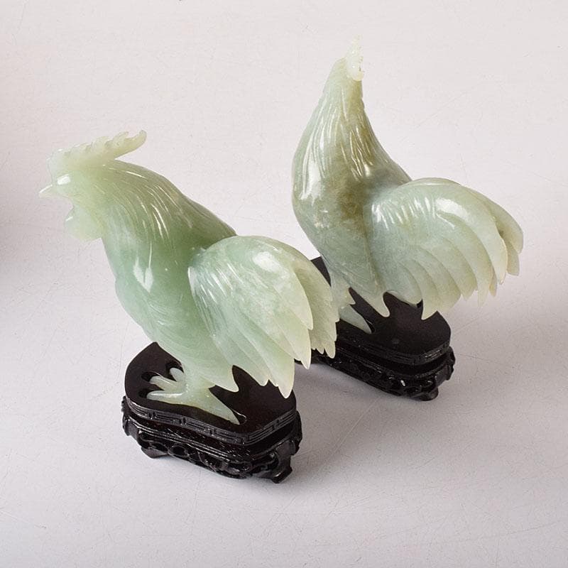中国　玉石彫刻　鶏　鳥　一対　置物　香炉　唐木台付　C　7651C