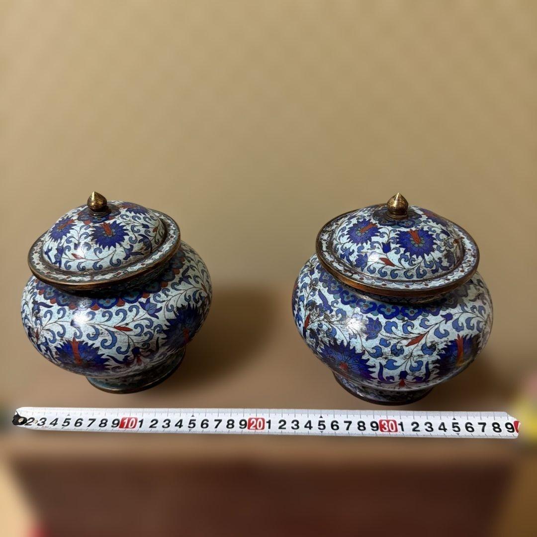中国古美術　骨董品　七宝焼　蓋付き壺一対　保管箱