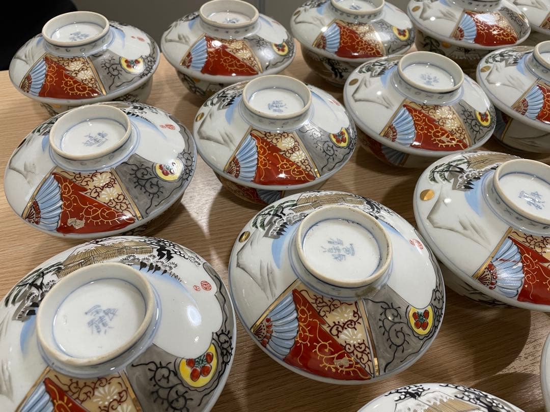 古伊万里 富貴長春 色絵金彩 富士 雪柄 小鉢 蓋付き椀 茶碗 レトロ 20客