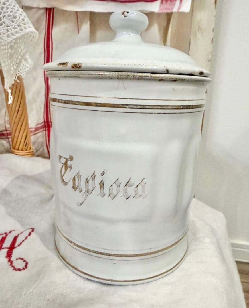 【希少 シーム】1900sフランスアンティーク ホーロー タピオカ キャニスター