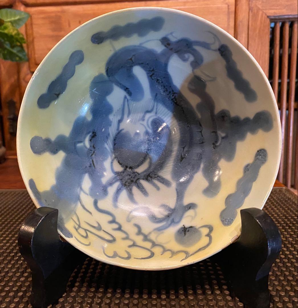 中国汕頭・スワトウ　龍　絵皿　鑑賞台付 沈船品ヴィンテージ　レア ・台湾茶器
