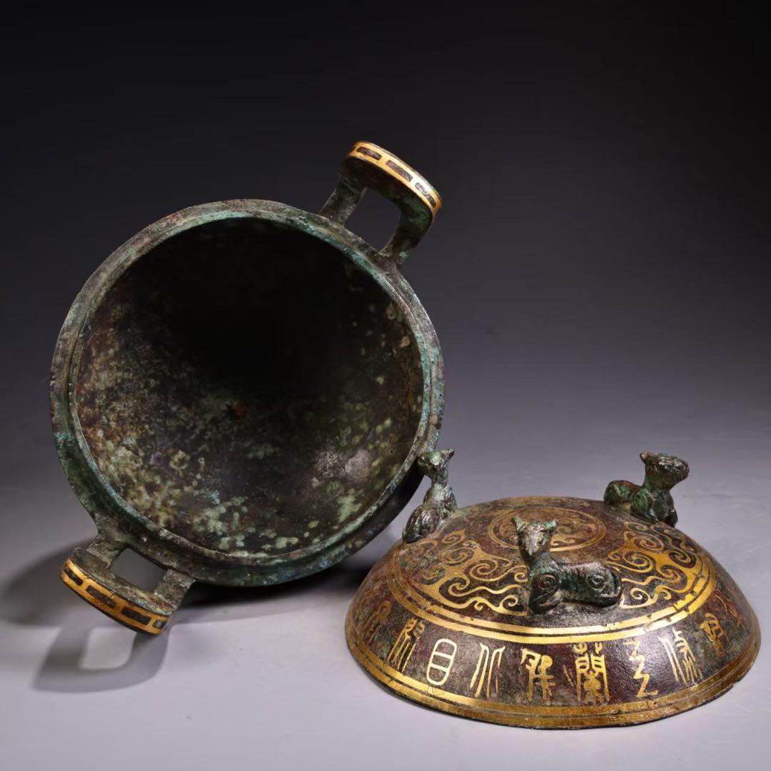 中国古美術・旧蔵搓金銀装飾付き銘文入り双耳三脚円鼎炉・青銅・純手作り・置物・茶道