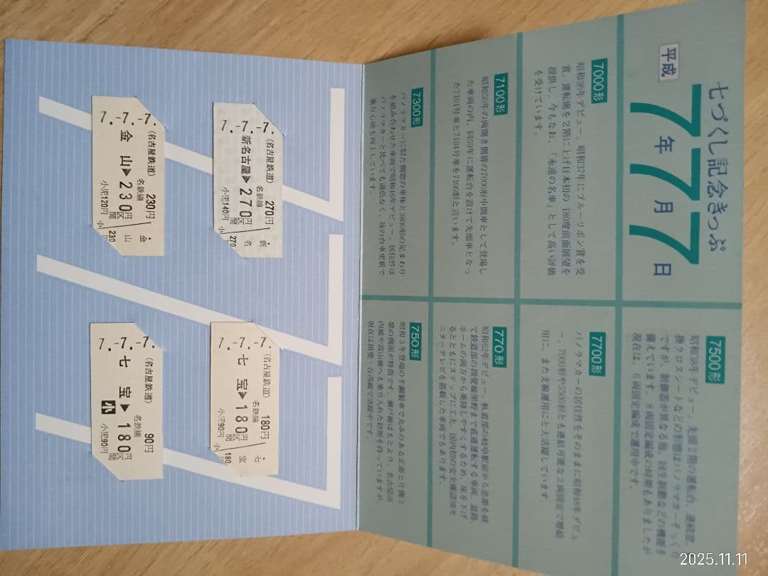 名鉄記念乗車券　名鉄7700形 記念切符と詳細図セット
