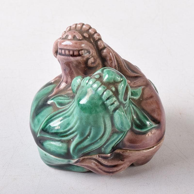 茶道具　九谷焼　九谷岩花造　色絵　獅子　香合　共布　共箱　V　R8226