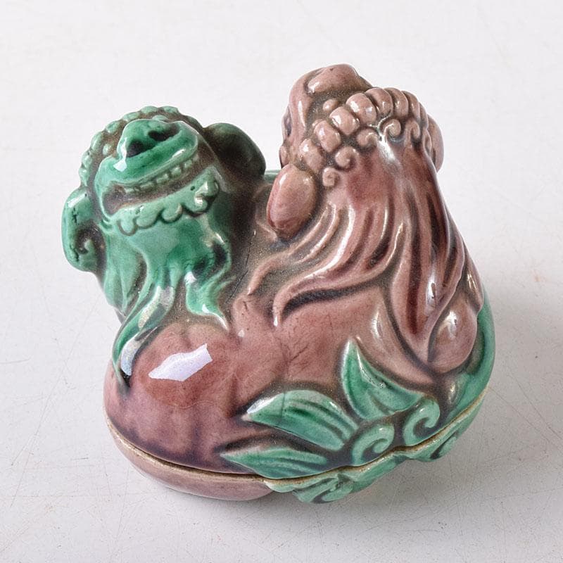 茶道具　九谷焼　九谷岩花造　色絵　獅子　香合　共布　共箱　V　R8226