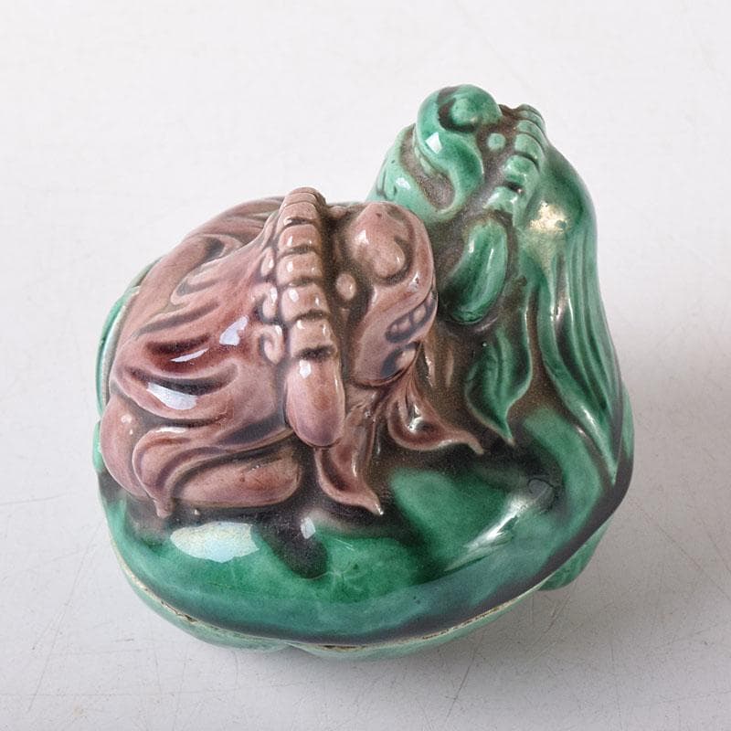 茶道具　九谷焼　九谷岩花造　色絵　獅子　香合　共布　共箱　V　R8226