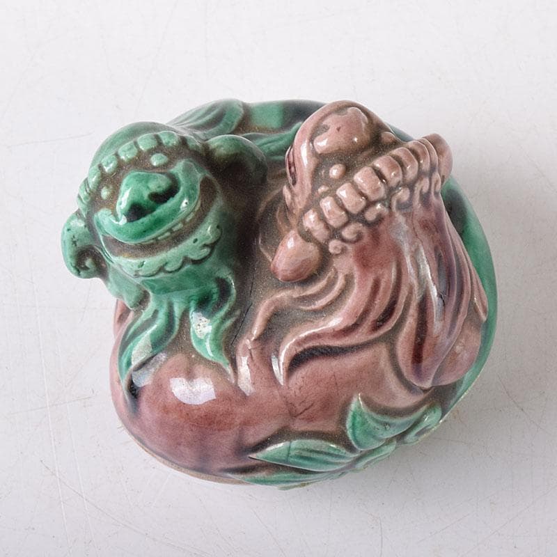 茶道具　九谷焼　九谷岩花造　色絵　獅子　香合　共布　共箱　V　R8226