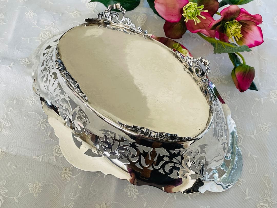 英国製　透かし細工のオーバルバスケット　スターリングシル