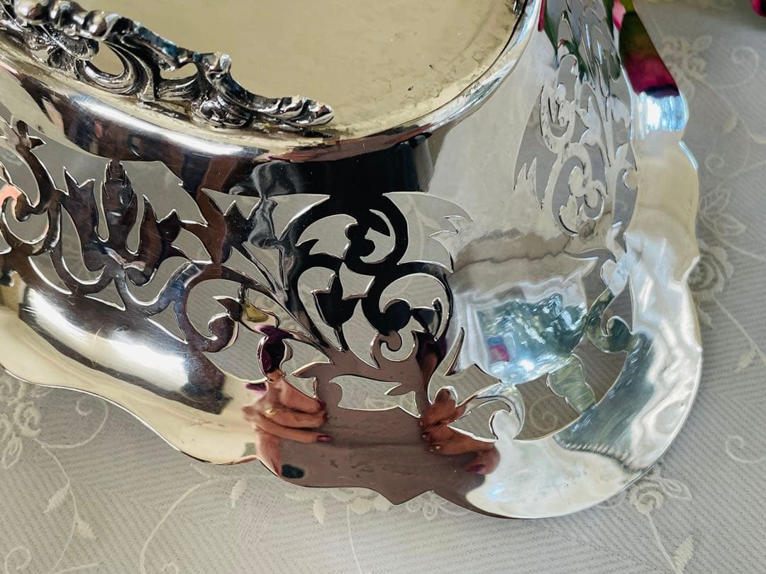 英国製　透かし細工のオーバルバスケット　スターリングシル