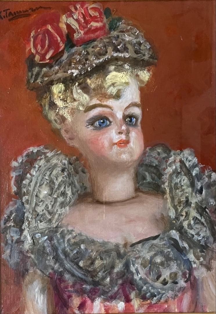 田村孝之介　油彩　帽子の人形　4号　タトウ箱　b446