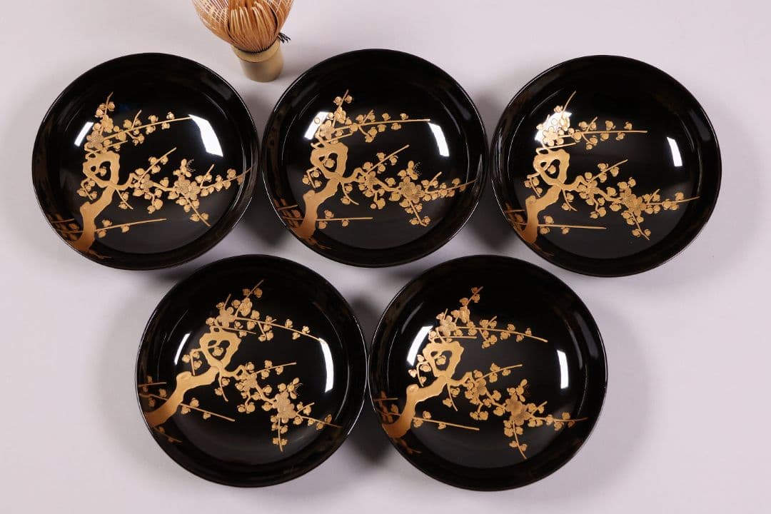 【CM233】古い木皿 五客 梅 金蒔絵 黒塗 小皿 菓子皿 木製漆器 大正昭和