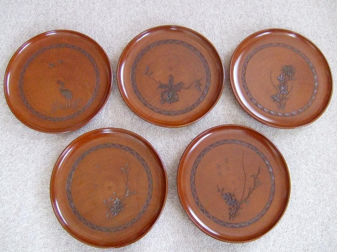 木製彫刻 お盆 丸盆 直径28cm 5枚組