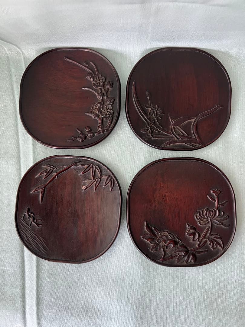 梅蘭竹菊 紫檀木茶托　唐木4枚セット