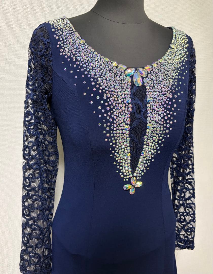 社交ダンスワンピース　パーティワンピース　ソシアルダンス　紺　準正装