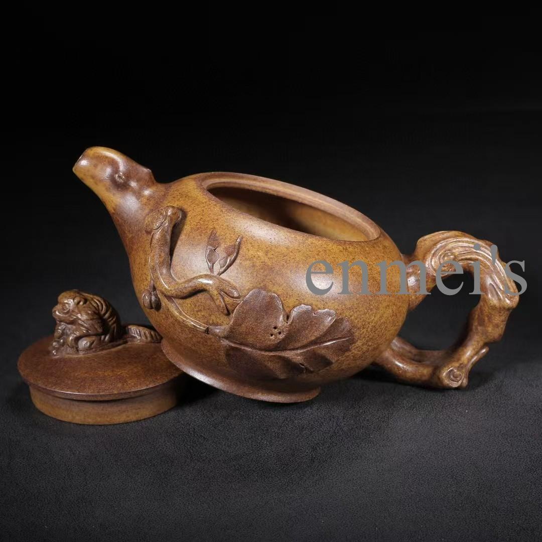 中国紫砂壺・母子獅子彫刻茶壺・底款:蒋蓉・原鉱段泥・急須・茶道具・置物・煎茶道具