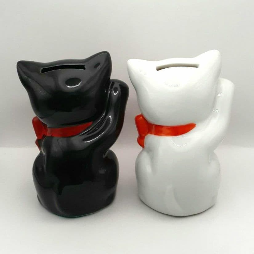 095 東海銀行ノベルティ 陶器製 リボン猫 貯金箱 2体セット 白黒 非売品