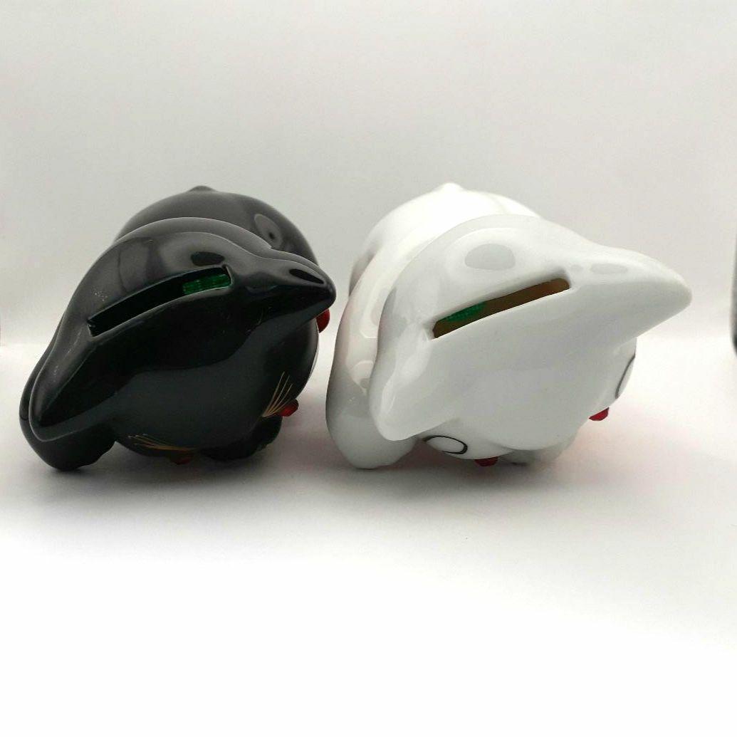 095 東海銀行ノベルティ 陶器製 リボン猫 貯金箱 2体セット 白黒 非売品