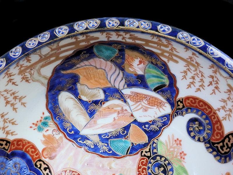 古伊万里　金襴手　流水にオシドリ　菊に尾長鳥の図　大鉢　D078AS-fbqm