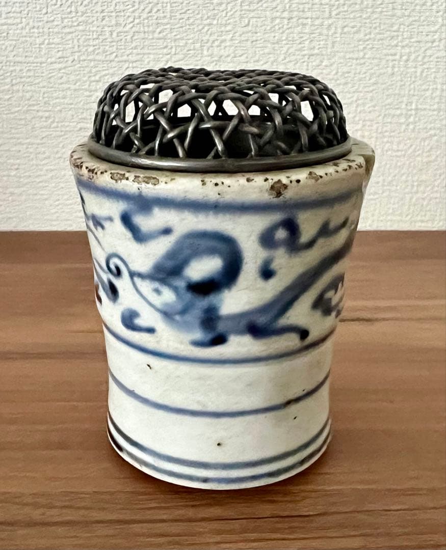 年代物 古染香炉 純銀火屋 香合 箱付き アンティーク