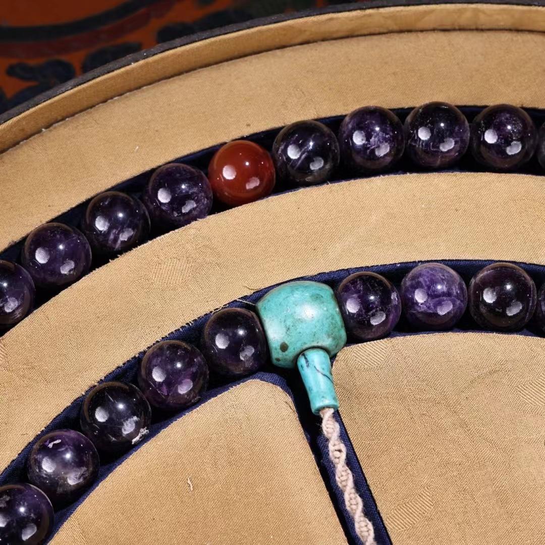 中国古美術・極品紫水晶朝珠・刺繍箱付き・時代物・極細工・置物・古賞物・風水開運