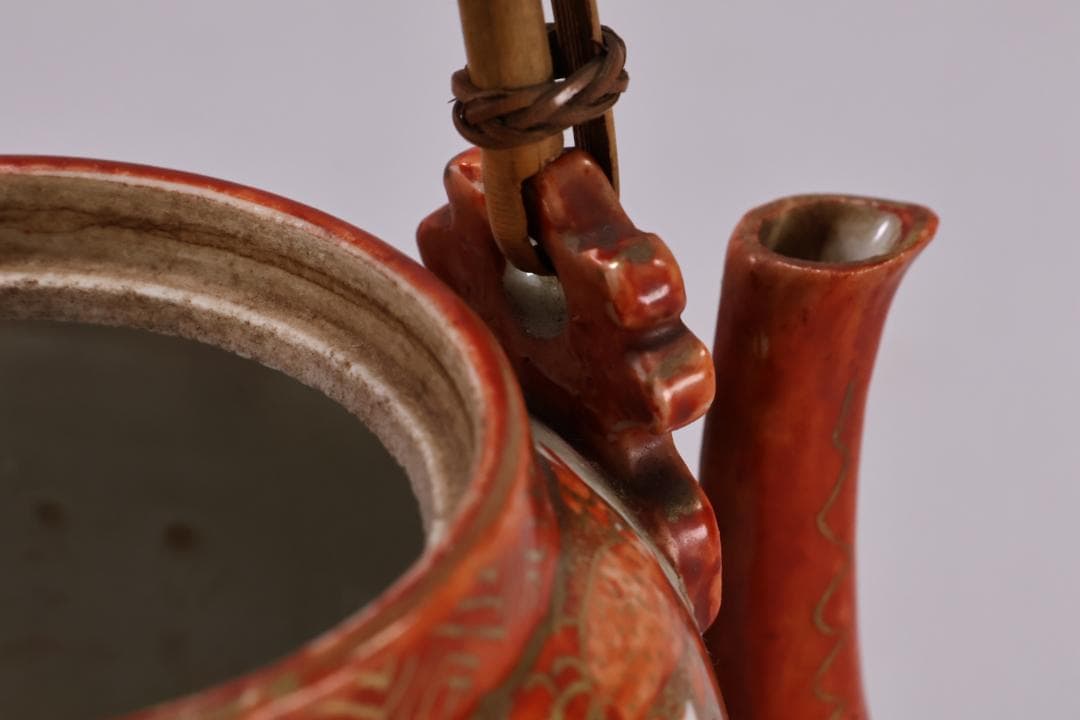 明治期　九谷造　赤絵　花鳥唐子図　注水　急須　重さ347ｇ　茶道具　煎茶道具