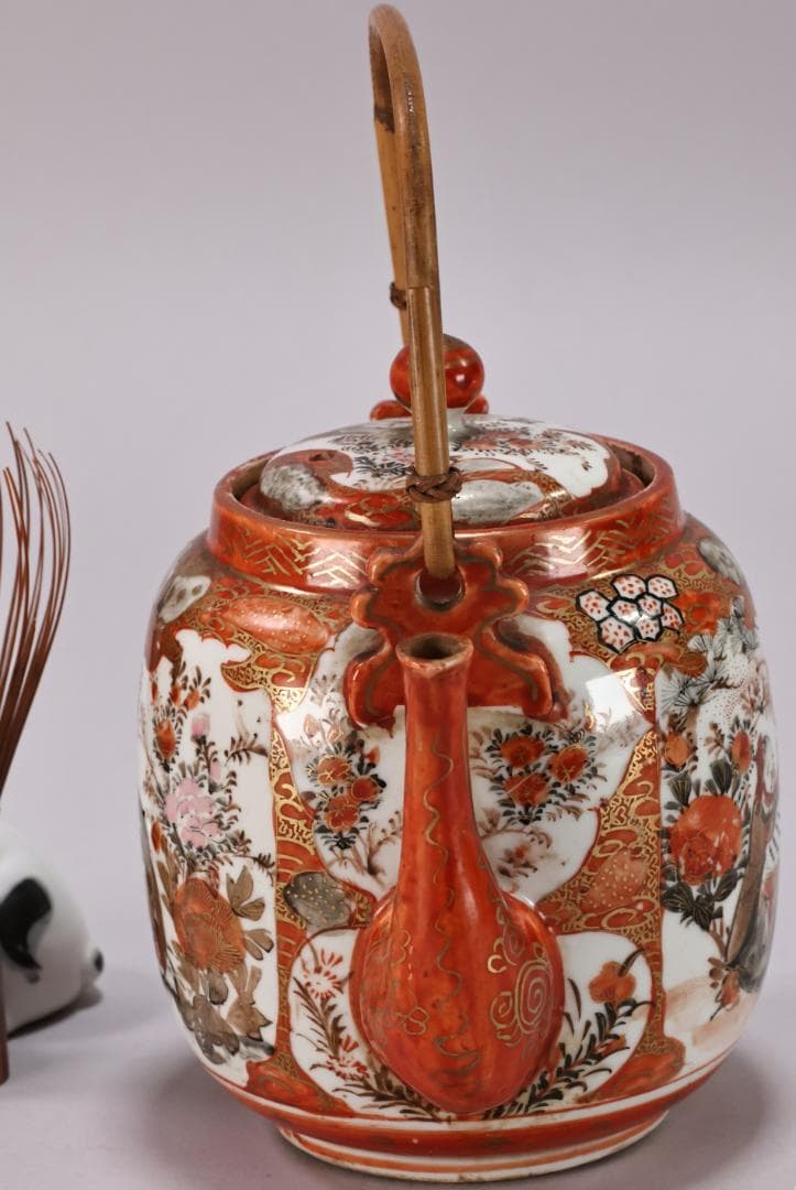 明治期　九谷造　赤絵　花鳥唐子図　注水　急須　重さ347ｇ　茶道具　煎茶道具