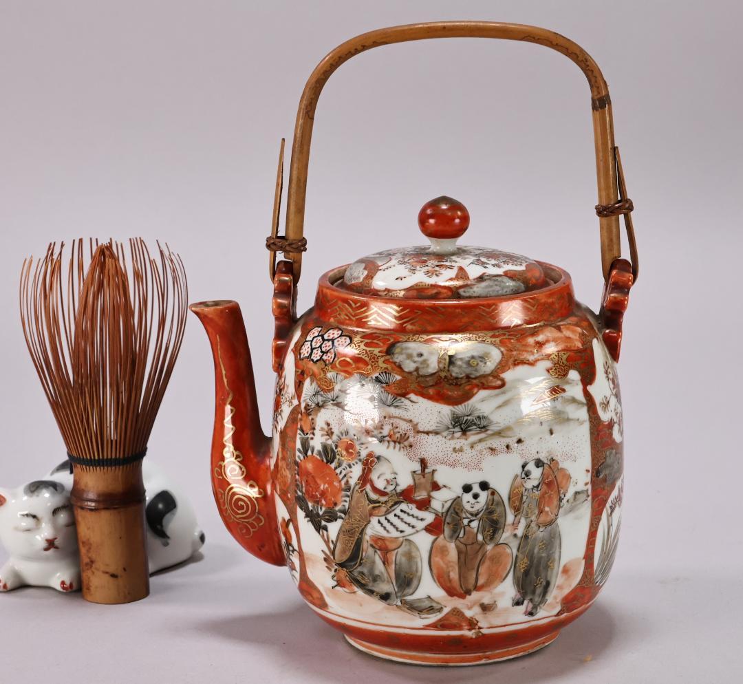 明治期　九谷造　赤絵　花鳥唐子図　注水　急須　重さ347ｇ　茶道具　煎茶道具