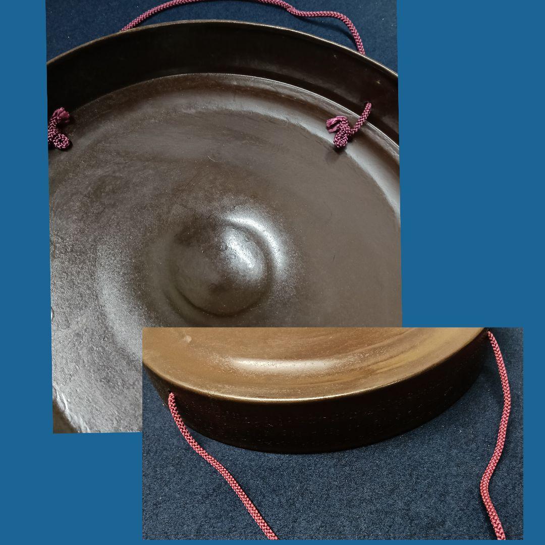 AO40 茶道具 ドラ 銅鑼 バチ付 縁鎚目 30cm 茶道 茶事 鳴物 打楽器