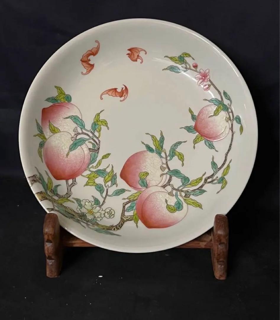 中国古美術/粉彩蝙蝠/桃紋皿 【大清雍正年製】在銘/紫檀箱付き