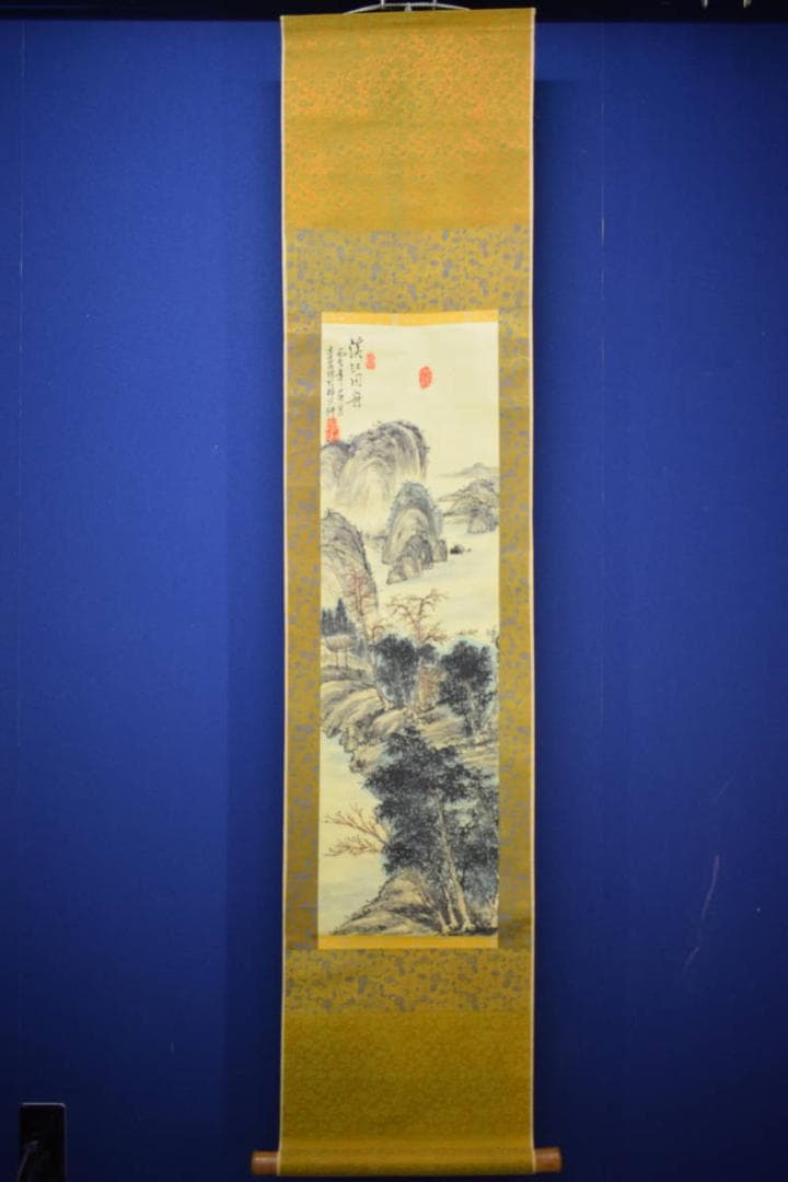 真作/李昆陽/山水画賛/舟/人物/布袋屋掛軸HJ-945