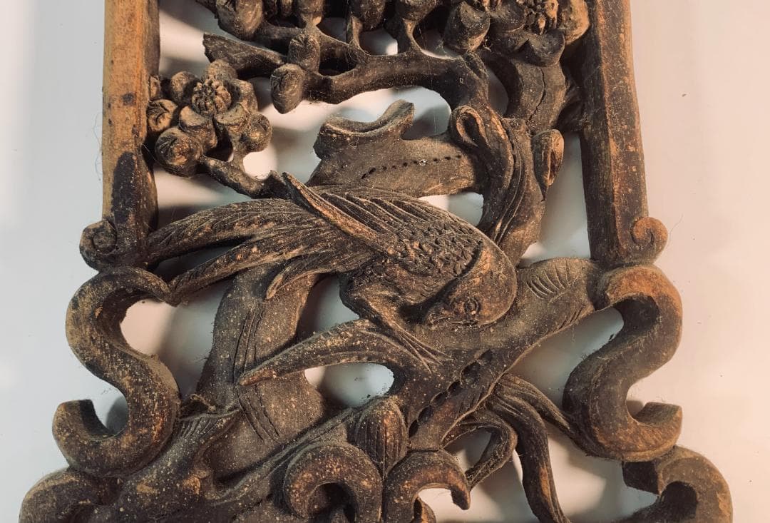 清代後期 木彫透かし飾板「春寿図」 鳥花文様清代後期〜民国初期頃の吉祥建具装飾