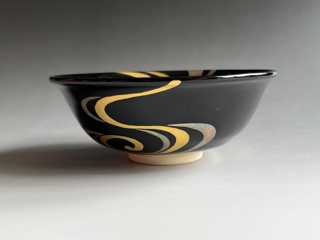 通次阿山　黒地　流水　茶碗　茶道具