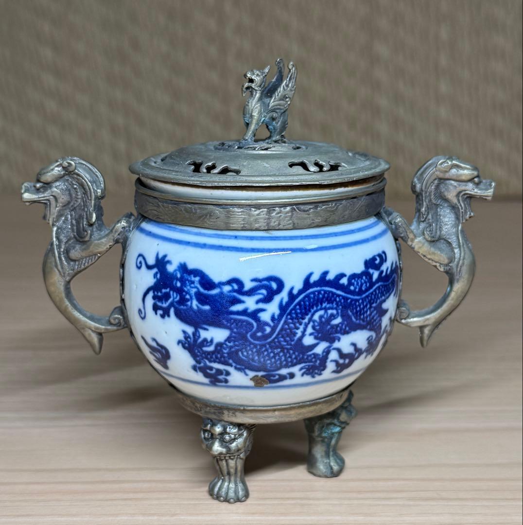 染付 香炉 龍文 錫製 蓋付 香道具 茶道具 唐物 中国美術
